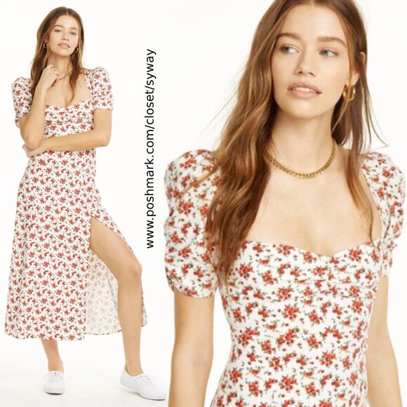 Danielle Bernstein Floral Slitted Short Sleeve Queen Anne Neckline Dress - Picture 1 of 15